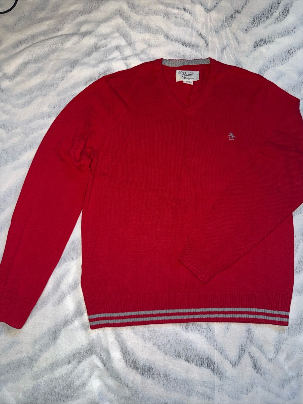 Original Penguin Red V-Neck Sweater with Grey Stripe Hem